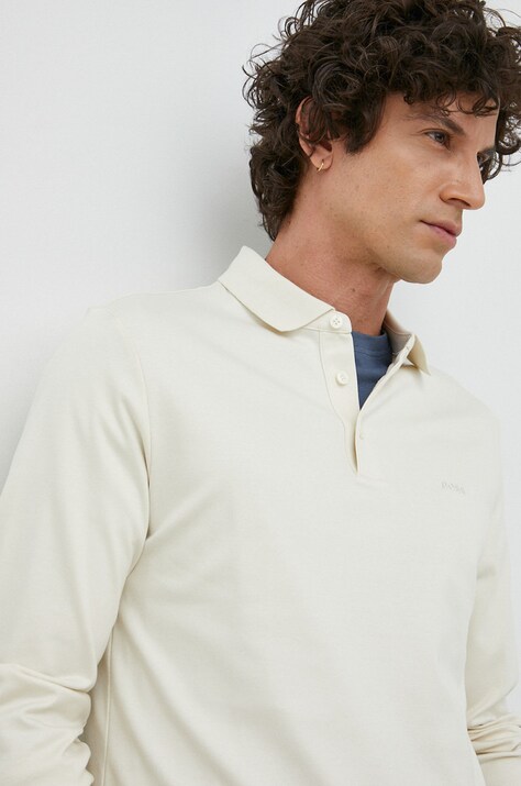 BOSS longsleeve din bumbac culoarea bej, neted, 50468392
