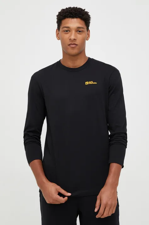 Βαμβακερή μπλούζα με μακριά μανίκια Jack Wolfskin Essential χρώμα: μαύρο