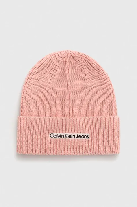 Calvin Klein Jeans czapka bawełniana kolor różowy z grubej dzianiny bawełniana