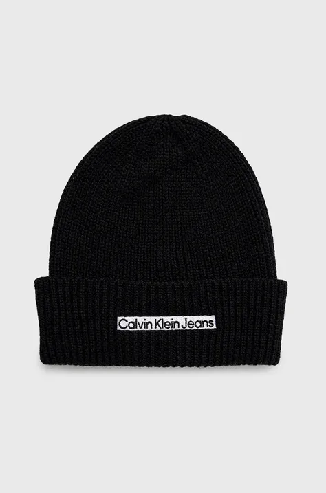 Vlnená čiapka Calvin Klein Jeans čierna farba, z tenkej pleteniny, vlnená