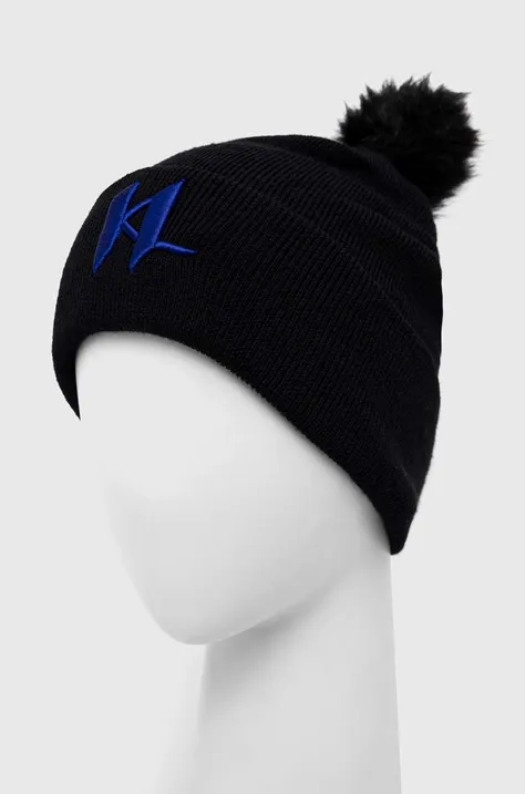 Vlnená čiapka Karl Lagerfeld čierna farba, z hrubej pleteniny, vlnená