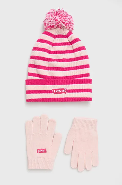 Detská čiapka a rukavice Levi's ružová farba