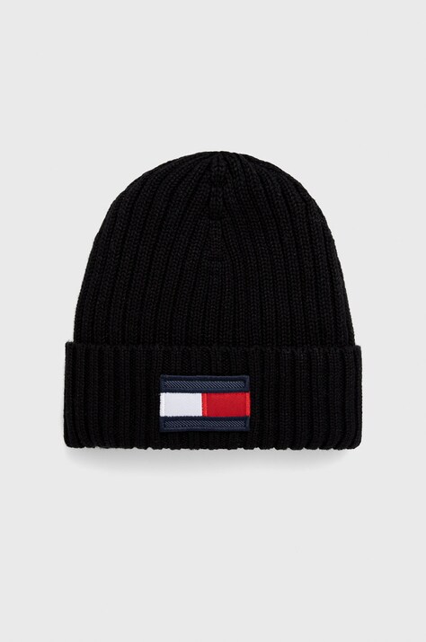 Detská čiapka Tommy Hilfiger čierna farba biela, z hrubej pleteniny,