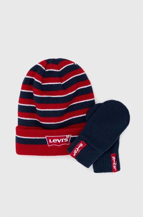 Detská čiapka a rukavice Levi's tmavomodrá farba