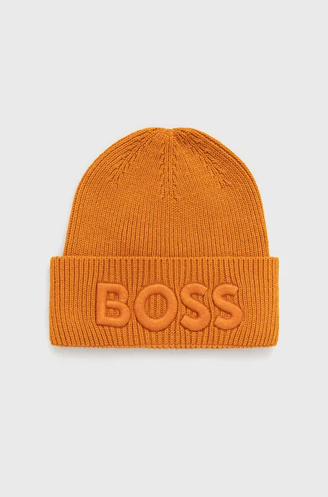 Čiapka s prímesou vlny BOSS Boss Casual oranžová farba, z hrubej pleteniny,