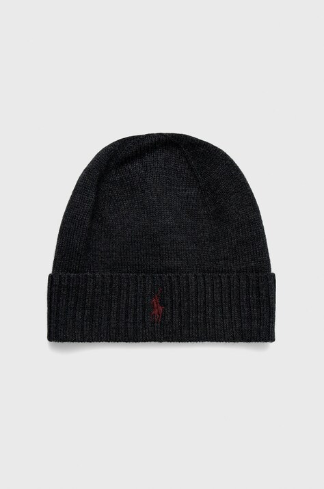 Polo Ralph Lauren Czapka wełniana kolor szary z cienkiej dzianiny wełniana