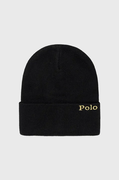 Polo Ralph Lauren czapka z domieszką wełny kolor czarny z grubej dzianiny z domieszką wełny