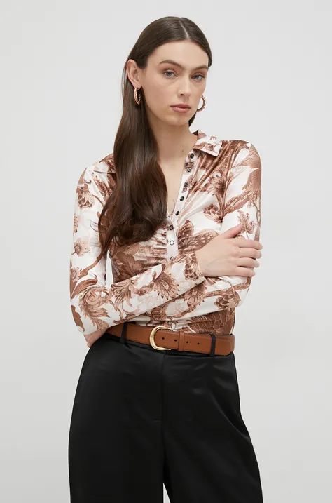 Guess koszula damska kolor brązowy slim z kołnierzykiem klasycznym