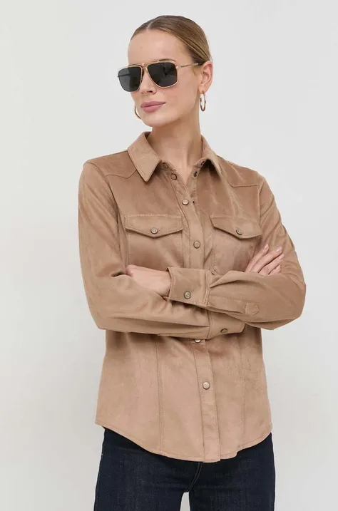 Риза Guess дамска в кафяво със стандартна кройка с класическа яка