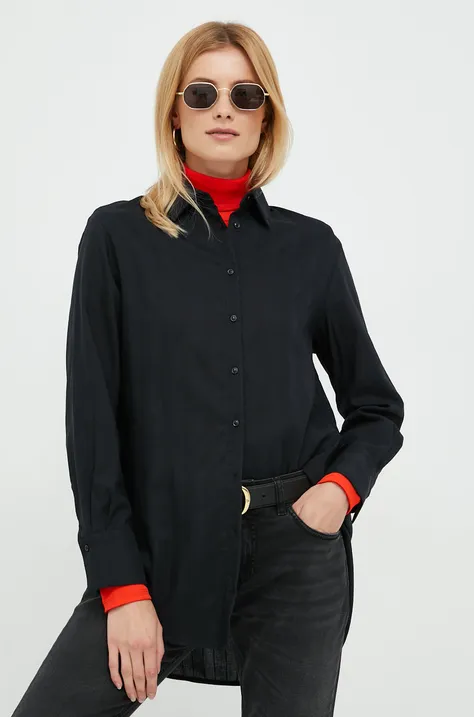 Риза Sisley дамска в черно със свободна кройка с класическа яка