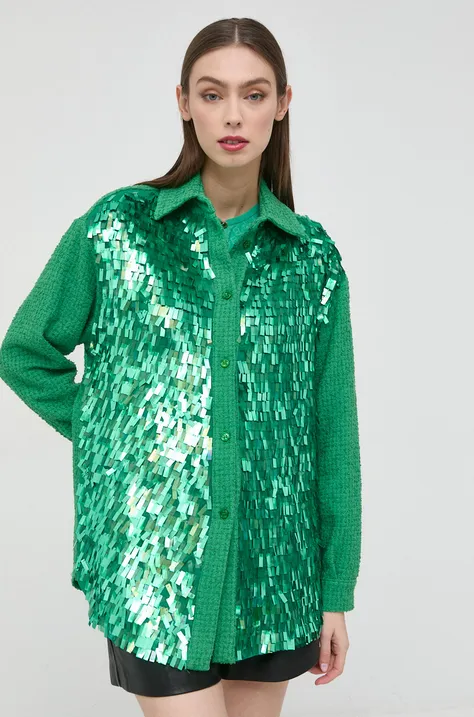 Риза Pinko дамска в зелено със свободна кройка с класическа яка