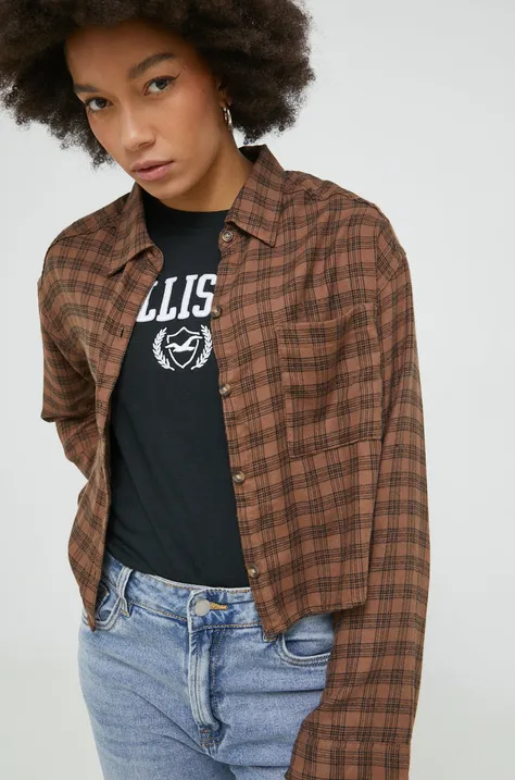 Риза Hollister Co. дамска в кафяво със стандартна кройка с класическа яка