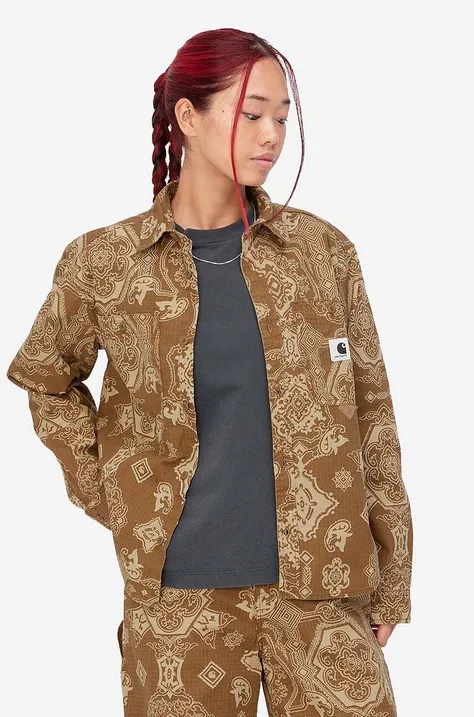 Памучна риза Carhartt WIP дамска в кафяво със стандартна кройка с класическа яка