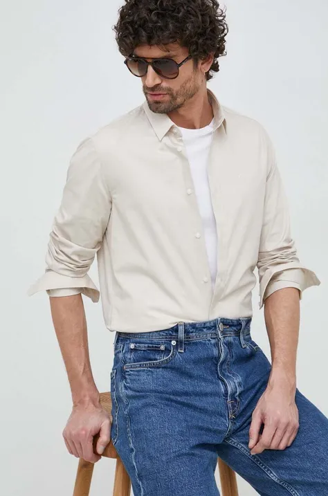 Košulja Calvin Klein za muškarce, boja: bež, slim, s klasičnim ovratnikom