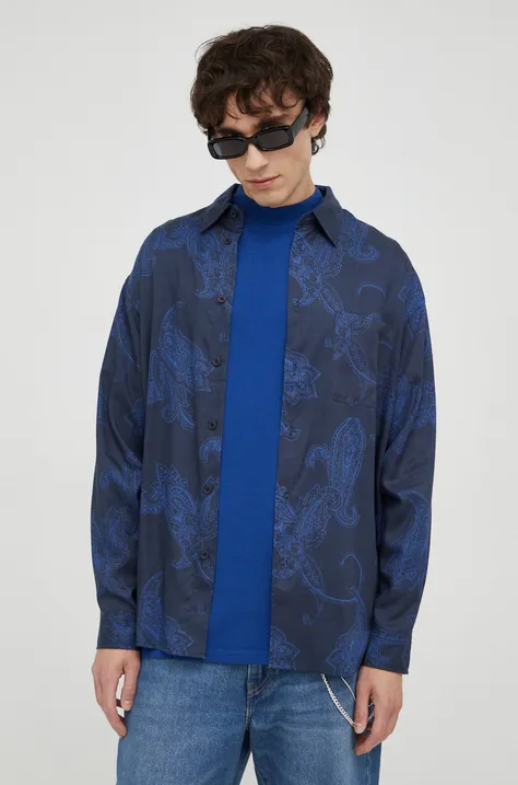Košulja Samsoe Samsoe za muškarce, boja: tamno plava, relaxed, s klasičnim ovratnikom