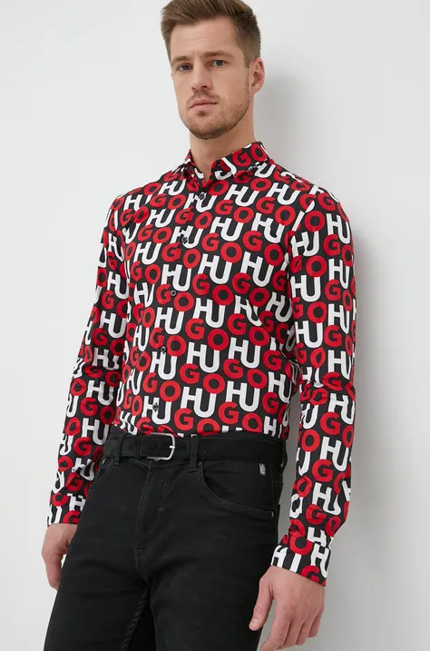 Pamučna košulja HUGO za muškarce, boja: crvena, slim, s klasičnim ovratnikom