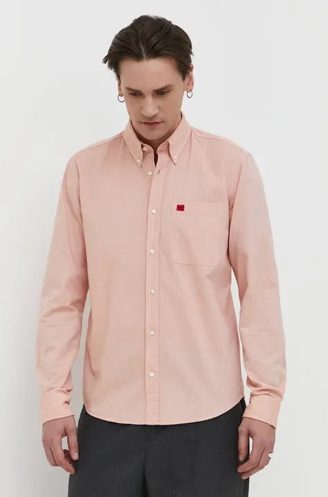 Pamučna košulja HUGO za muškarce, boja: narančasta, slim, s button-down ovratnikom