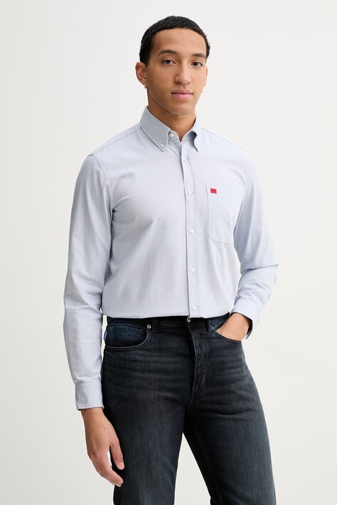 HUGO koszula bawełniana męska kolor fioletowy slim z kołnierzykiem button-down 50479302