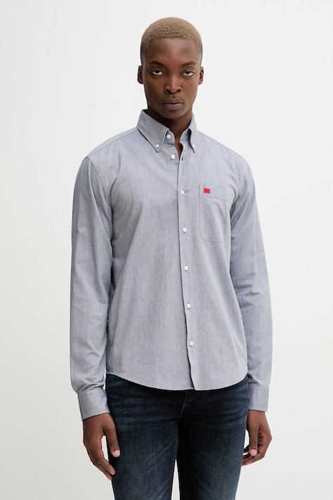 Bavlnená košeľa HUGO čierna farba, slim, s golierom button-down, 50479302