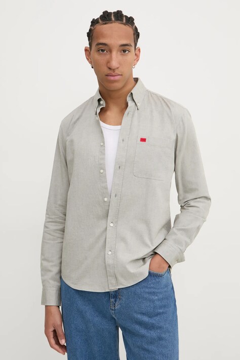 HUGO camasa din bumbac barbati, culoarea gri, cu guler button-down, slim