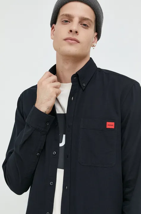 Bavlněná košile HUGO černá barva, slim, s límečkem button-down
