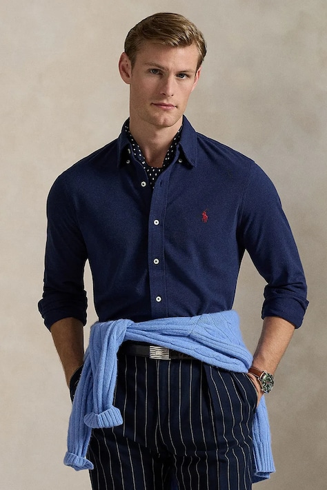 Polo Ralph Lauren camasa din bumbac barbati, culoarea albastru marin, cu guler button-down, regular