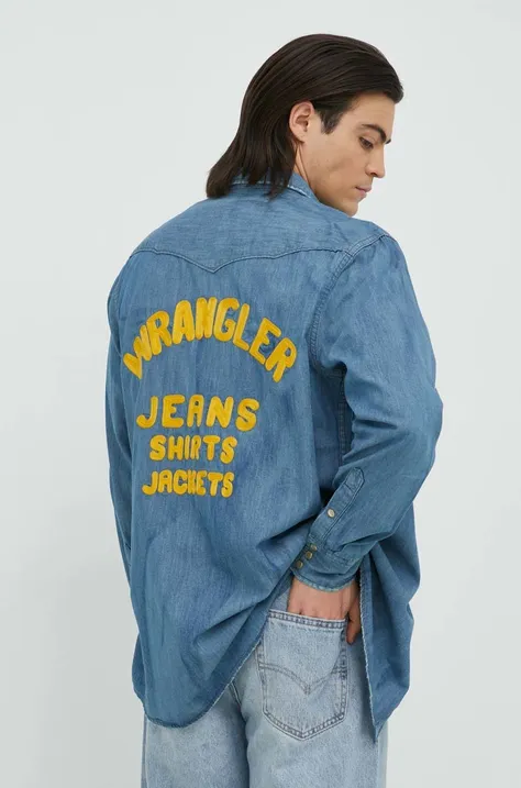 Wrangler koszula jeansowa x Leon Bridges męska kolor niebieski regular z kołnierzykiem klasycznym
