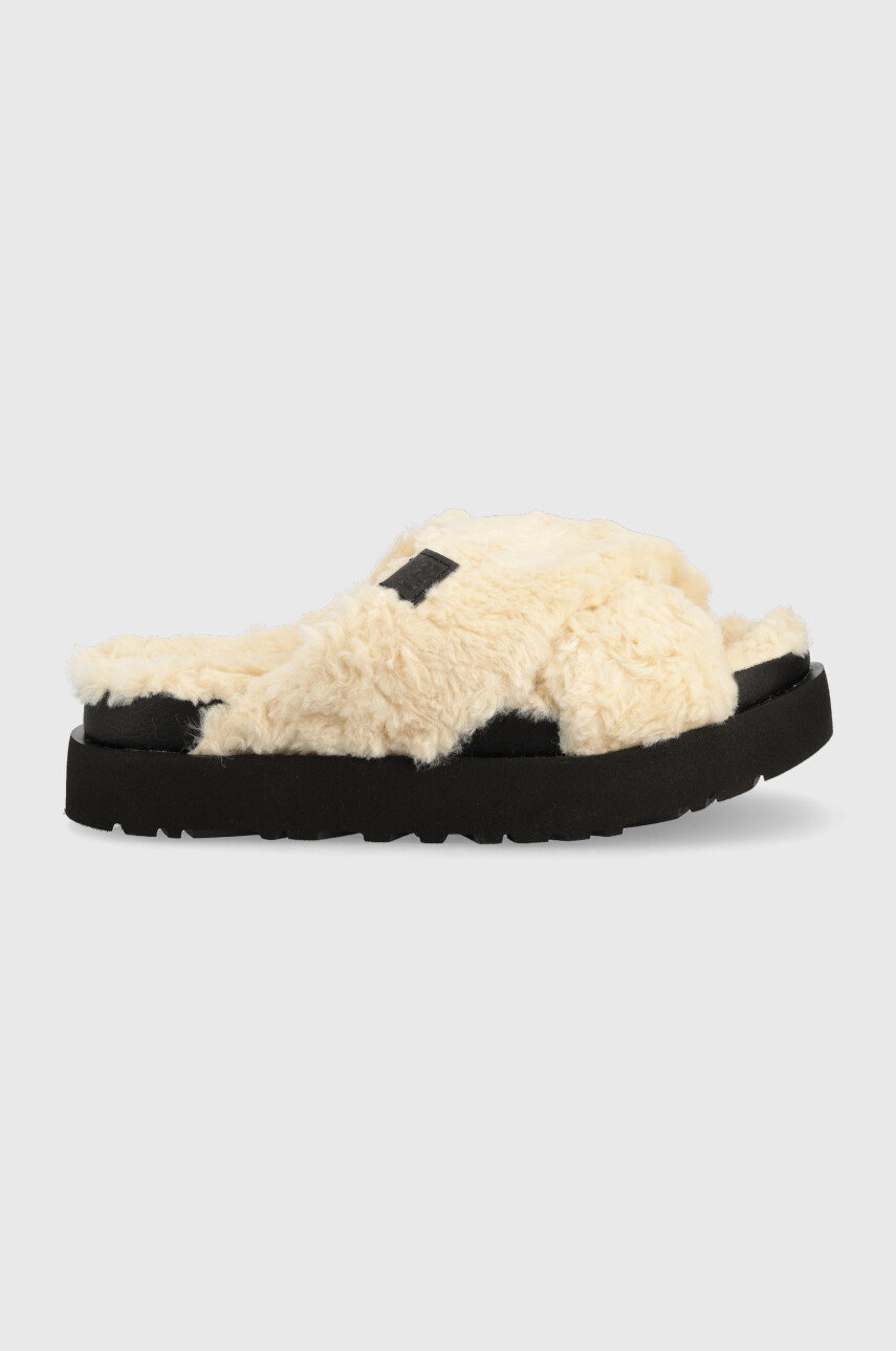 Papuče UGG W Fuzz Sugar Cross Slide , béžová farba