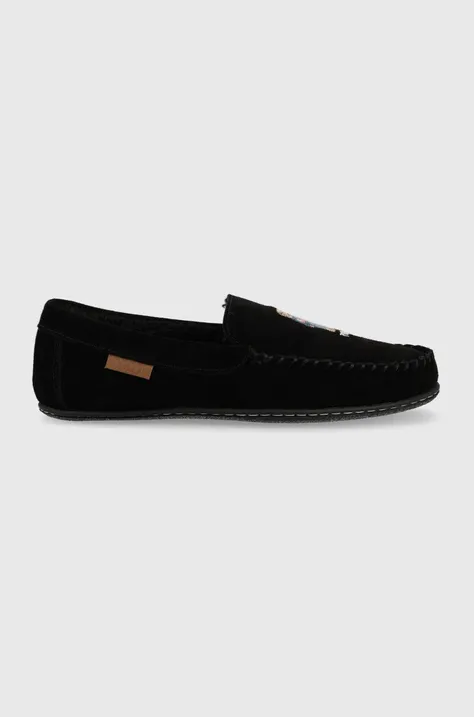 Kućne papuče od brušene kože Polo Ralph Lauren Collins Bear, boja: crna