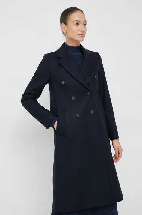Vlnený kabát PS Paul Smith tmavomodrá farba, prechodný, dvojradový