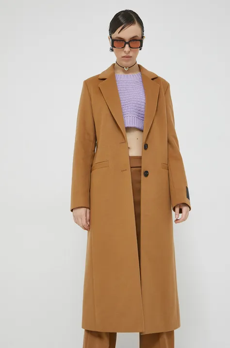 HUGO płaszcz wełniany kolor brązowy przejściowy