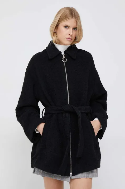 United Colors of Benetton palton din lana culoarea negru, de tranzitie, oversize