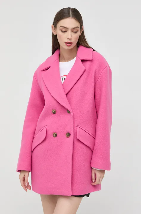 Pinko płaszcz wełniany damski kolor różowy przejściowy dwurzędowy