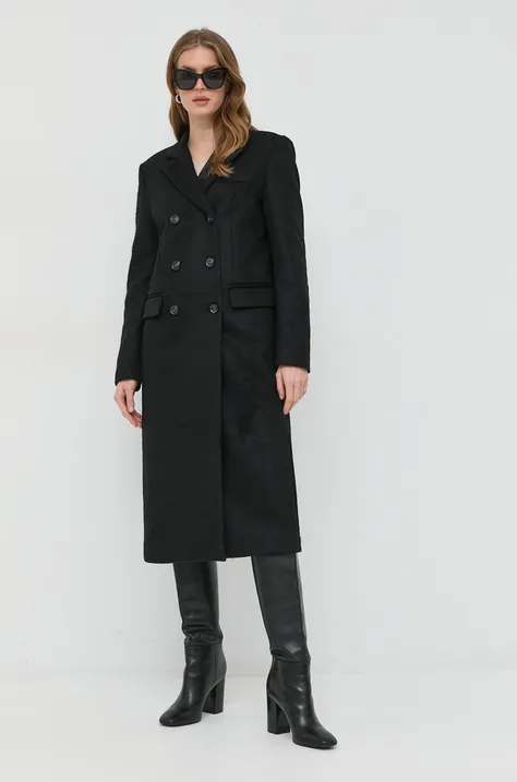 Trussardi płaszcz wełniany kolor czarny przejściowy dwurzędowy
