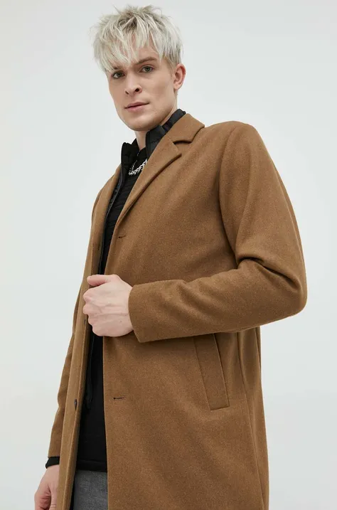 Kabát s prímesou vlny Jack & Jones hnedá farba, prechodný,