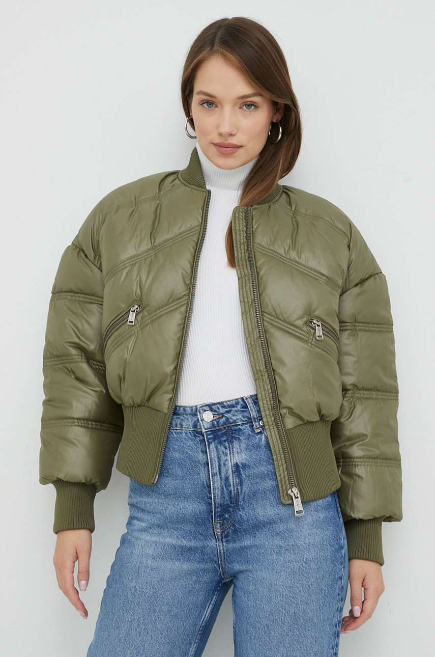 Guess geaca bomber femei, culoarea verde, de iarna, oversize