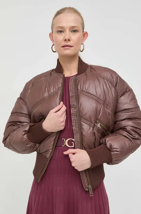 Bomber jakna Guess za žene, boja: smeđa, za zimu, oversize
