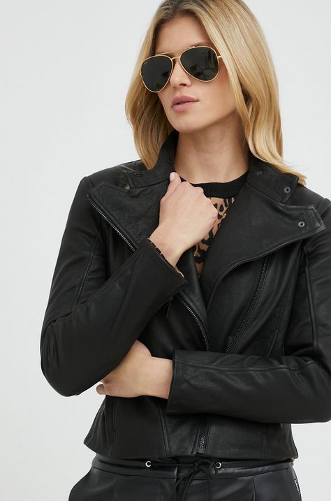 Trussardi geaca de piele femei, culoarea negru, de tranzitie