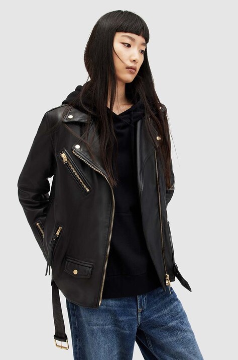 Шкіряна куртка AllSaints жіноча колір чорний перехідна