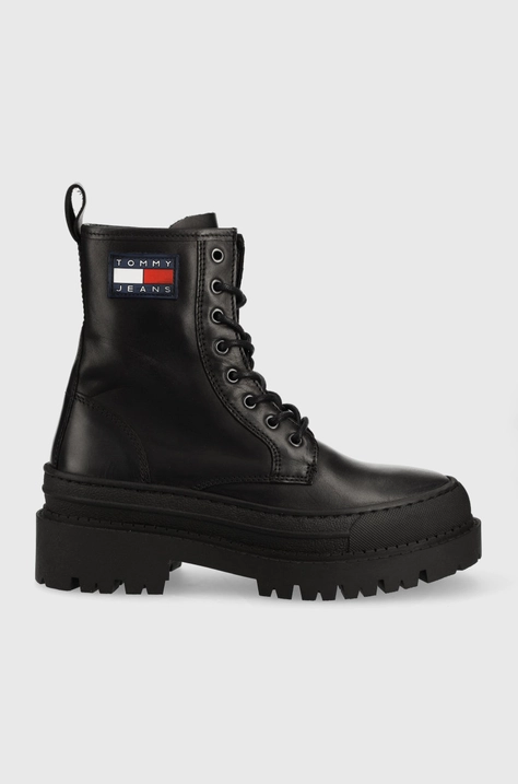 Kožne čizme Tommy Jeans Lace Up Boot za žene, boja: crna, s platformom