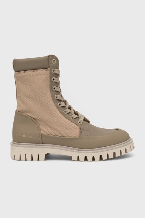 Tommy Hilfiger botine Th Casual Lace Up Boot femei, culoarea bej, cu toc plat