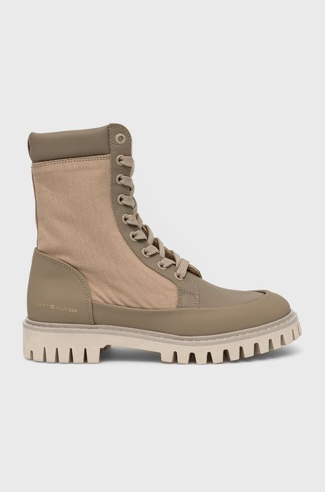 Členkové topánky Tommy Hilfiger Th Casual Lace Up Boot dámske, béžová farba, na plochom podpätku,