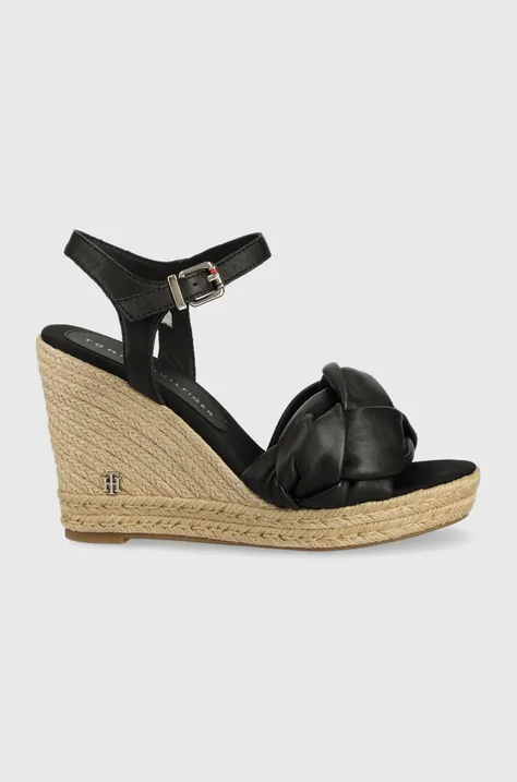 Kožne sandale Tommy Hilfiger Th Waves High Wedge za žene, boja: crna, klin peta