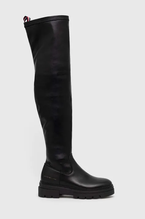 Kožené čižmy Tommy Hilfiger Monochromatic Over The Knee Boot dámske, čierna farba, na platforme,
