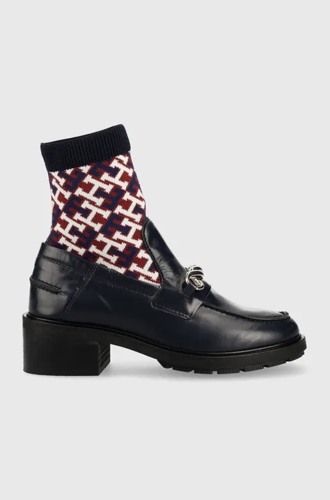 Tommy Hilfiger cizme de piele Tommy Monogram Bootie femei, culoarea albastru marin, cu toc drept