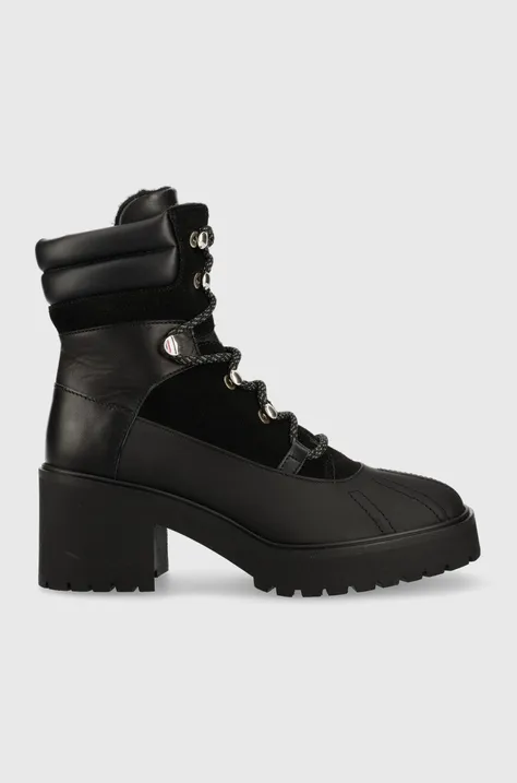 Kožne gležnjače Tommy Hilfiger Heel Laced Outdoor Boot za žene, boja: crna, s debelom petom, s polutoplom podstavom