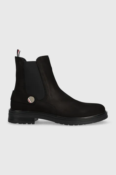 Σουέτ μπότες τσέλσι Tommy Hilfiger Th Coin Flat Boot γυναικεία, χρώμα: μαύρο,