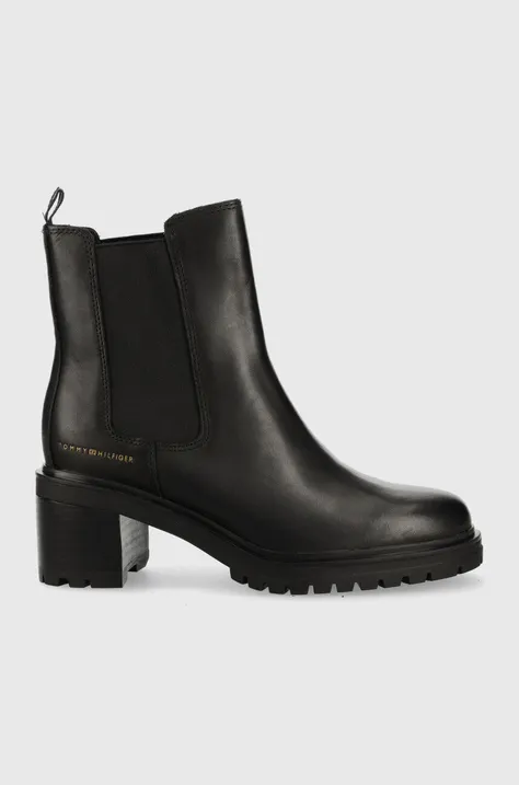 Δερμάτινες μπότες τσέλσι Tommy Hilfiger Outdoor Chelsea Mid Heel Boot γυναικείες, χρώμα: μαύρο
