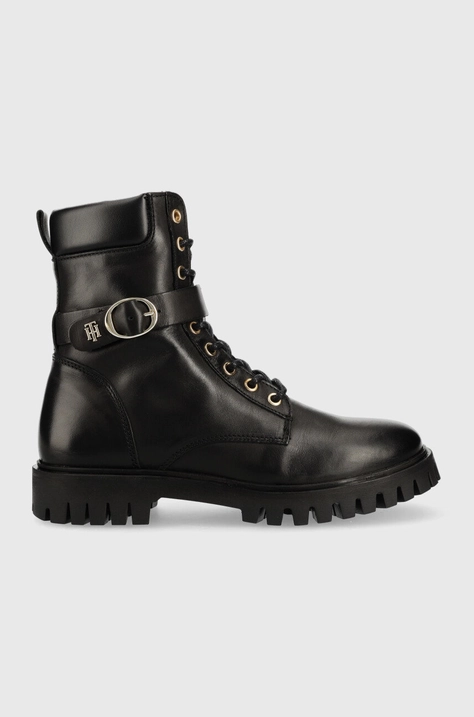 Kožne čizme Tommy Hilfiger Buckle Lace Up Boot, za žene, boja: crna, ravna potpetica