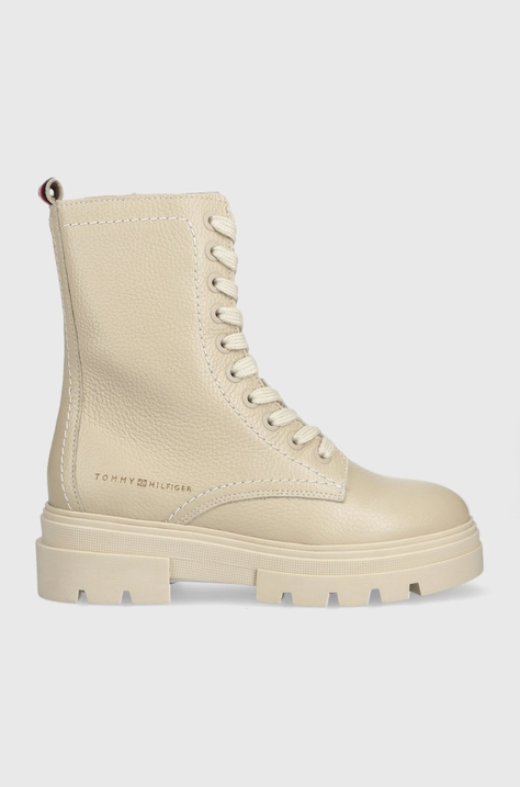 Usnjeni nizki škornji Tommy Hilfiger Monochromatic Lace Up Boot ženski, bež barva